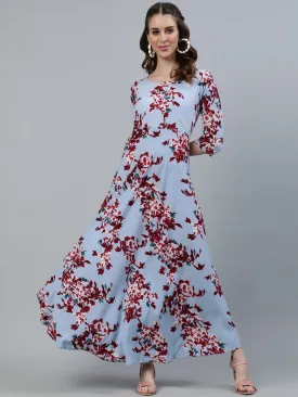 Women Blue Floral Printed Maxi Dress With Three Quarter Sleeves