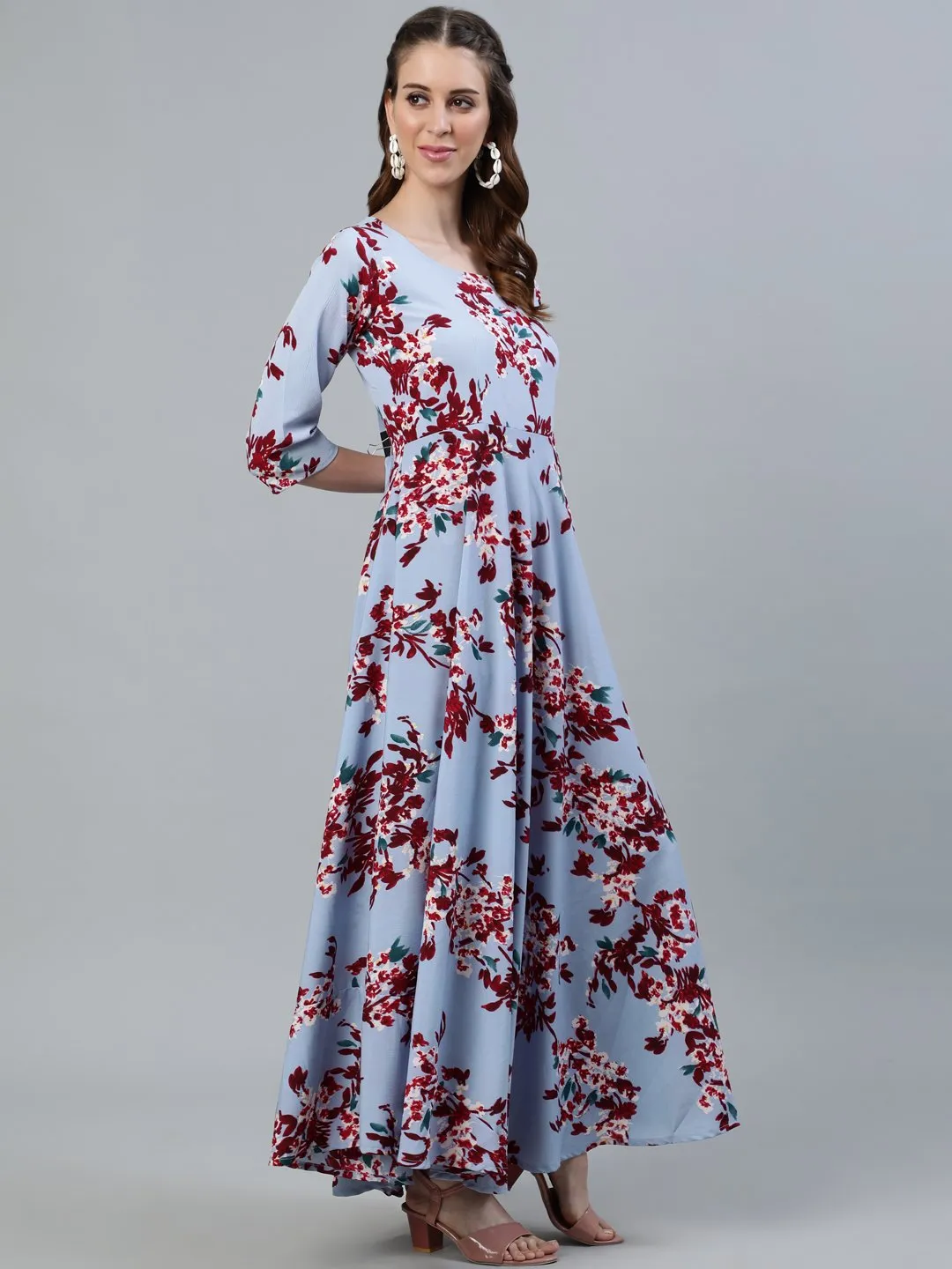 Women Blue Floral Printed Maxi Dress With Three Quarter Sleeves