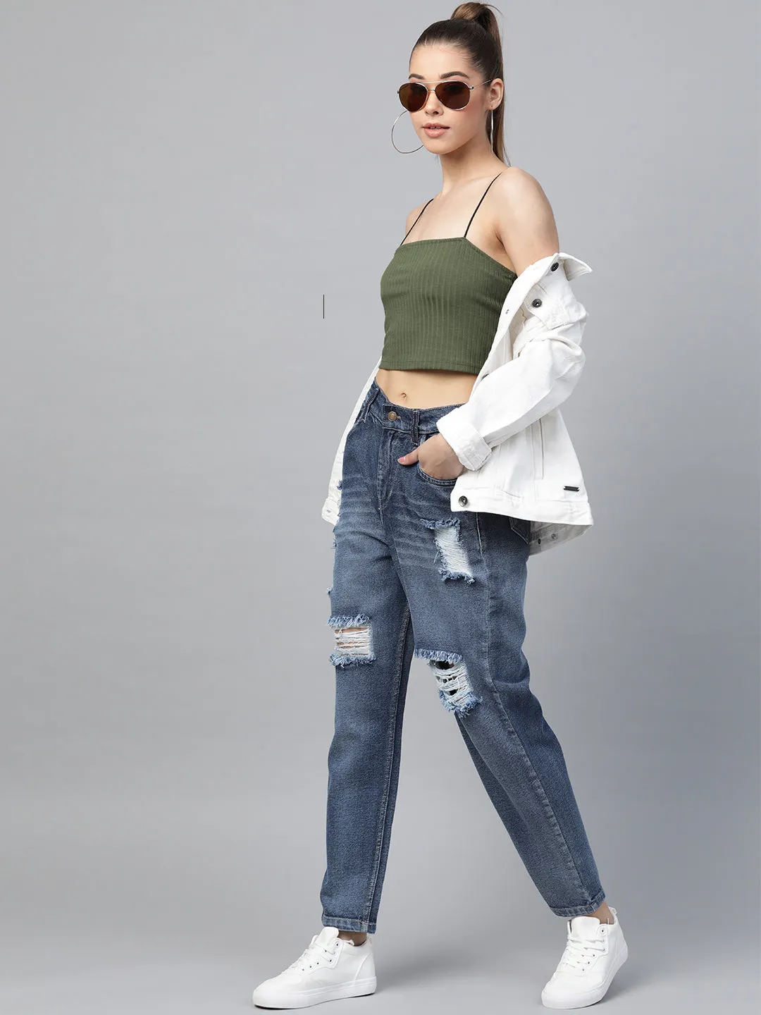 Women Blue High Waist Distressed Knee Jeans