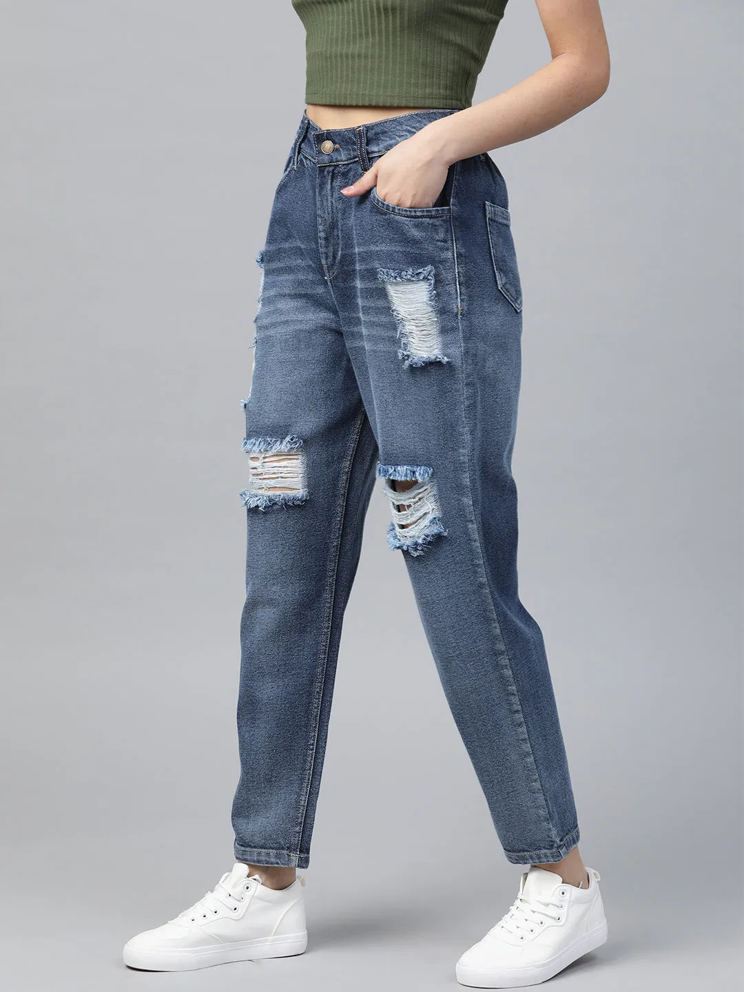 Women Blue High Waist Distressed Knee Jeans