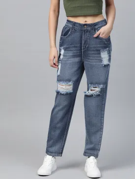 Women Blue High Waist Distressed Knee Jeans