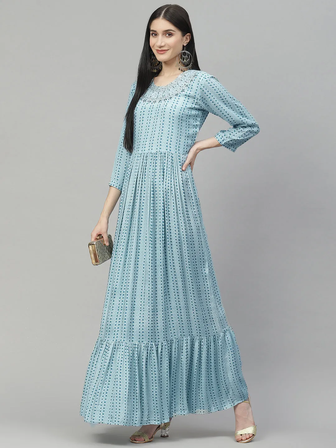 Women Blue Muslin Flared Gown