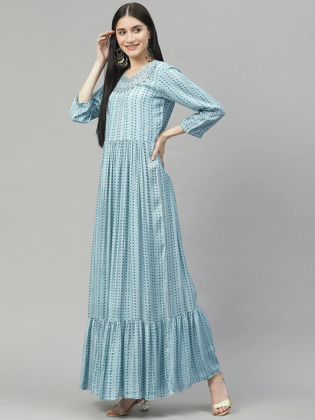 Women Blue Muslin Flared Gown