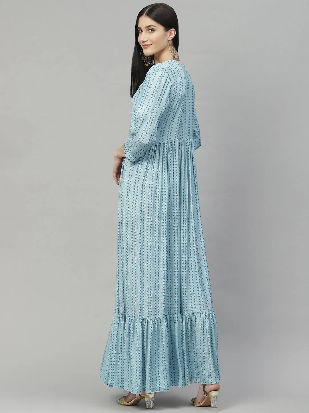 Women Blue Muslin Flared Gown