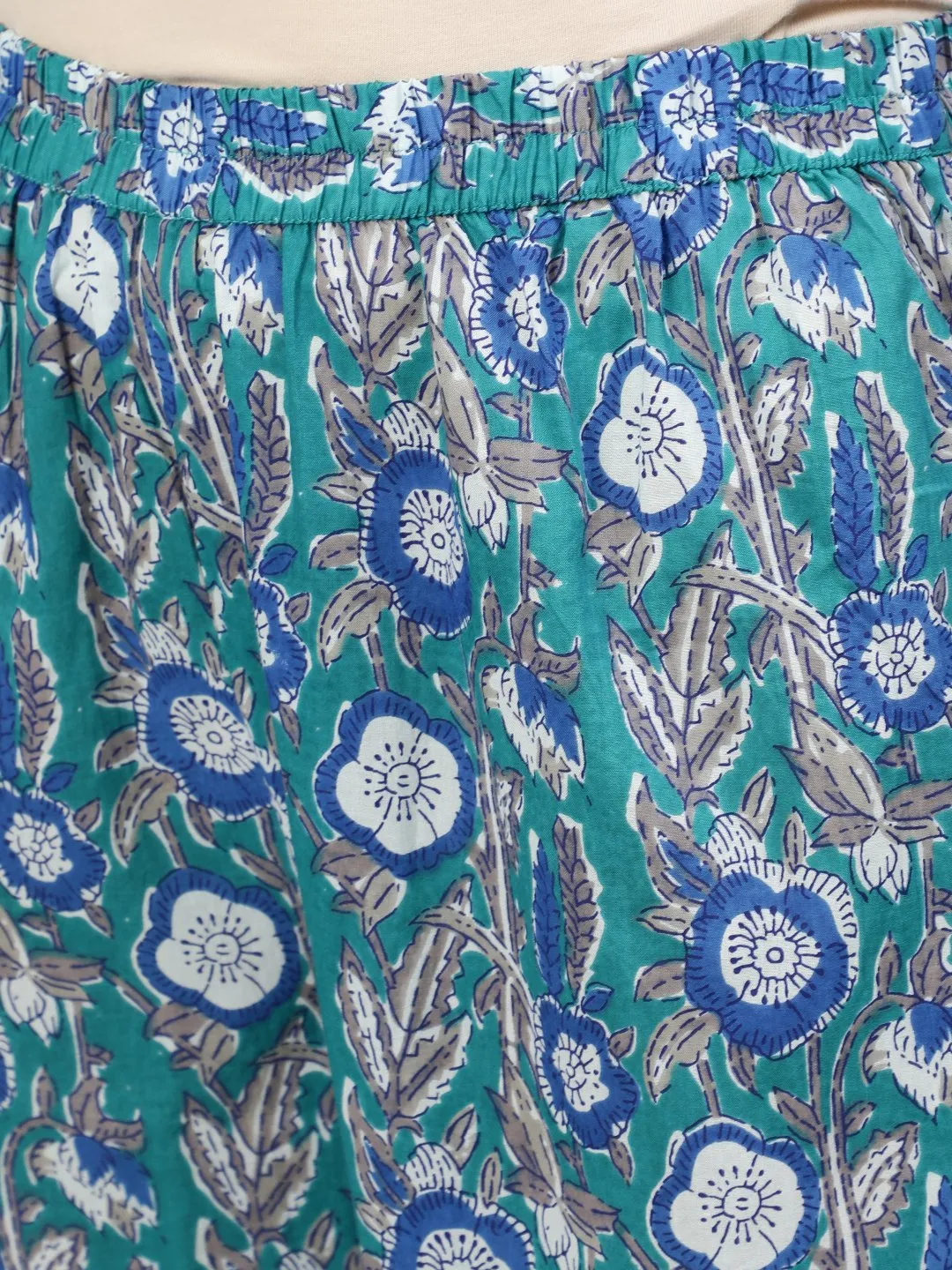 Women Blue Printed Flared Kurta With Plazo & Dupatta