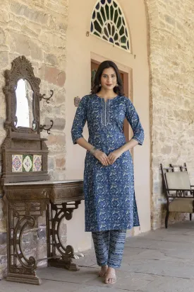 Women Blue Printed Straight Kurta With Trouser