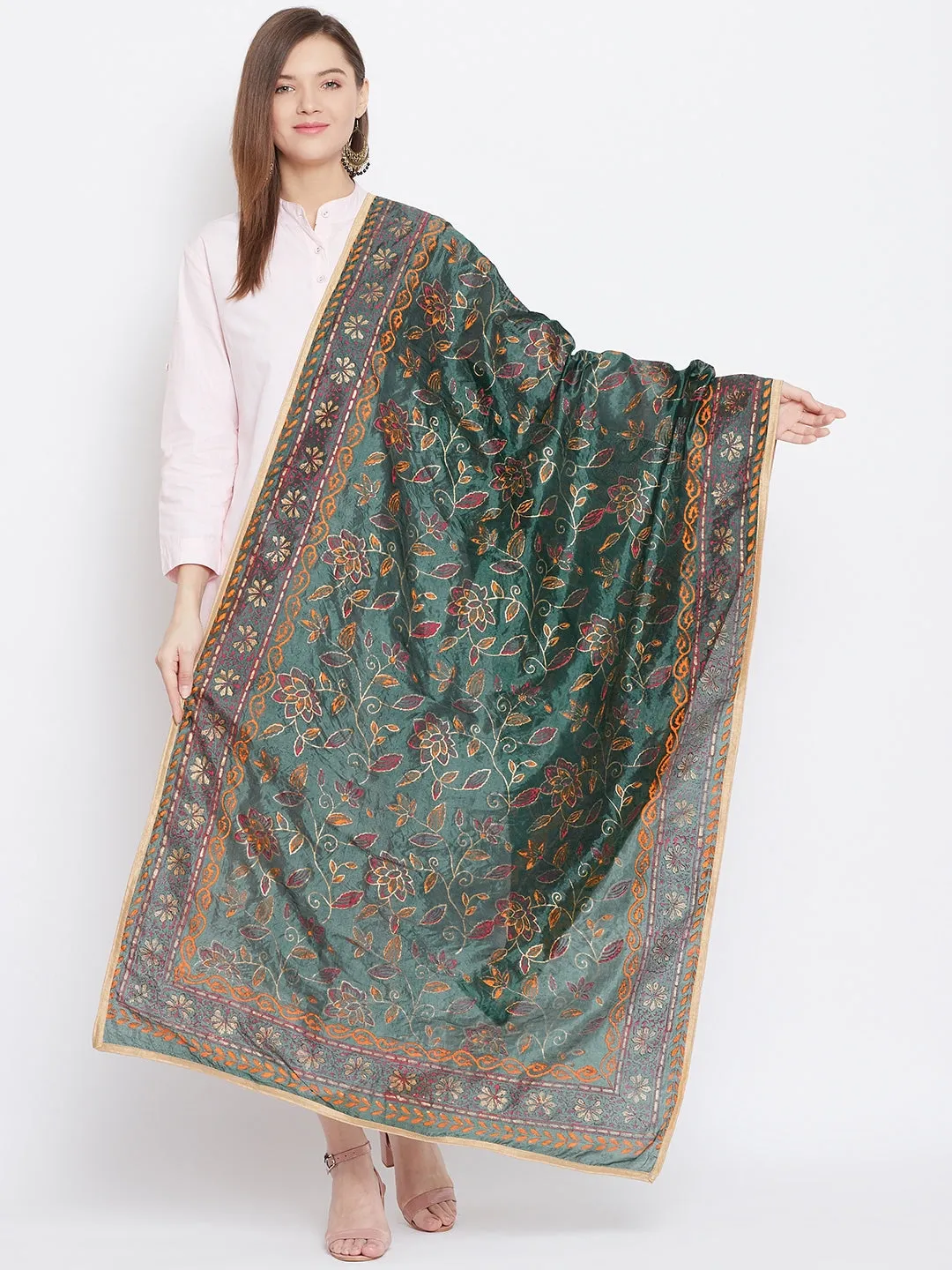 Women Bottle Green Printed Silk Dupatta