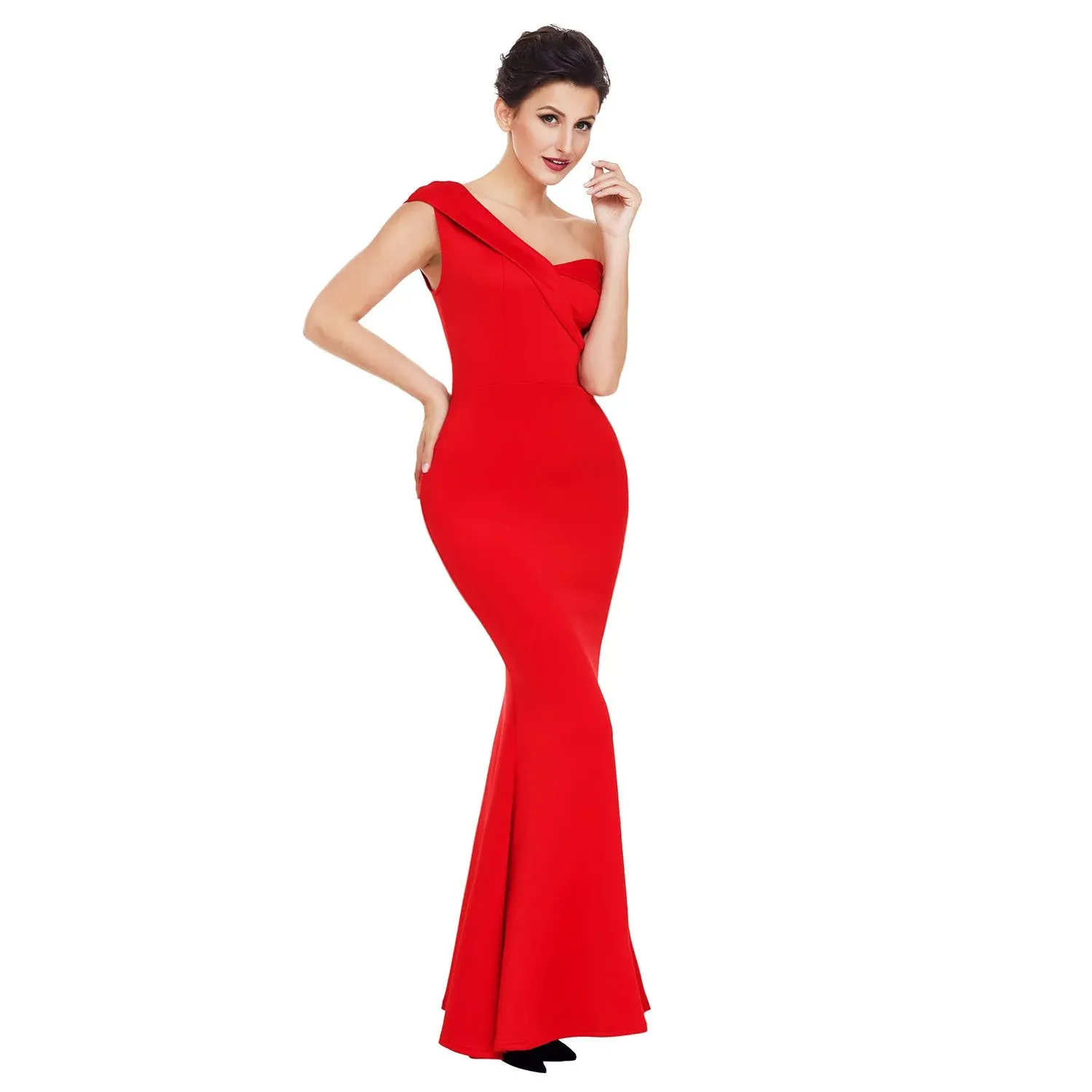 Women Clothing Sloping Shoulder Backless Solid Color Evening Dress