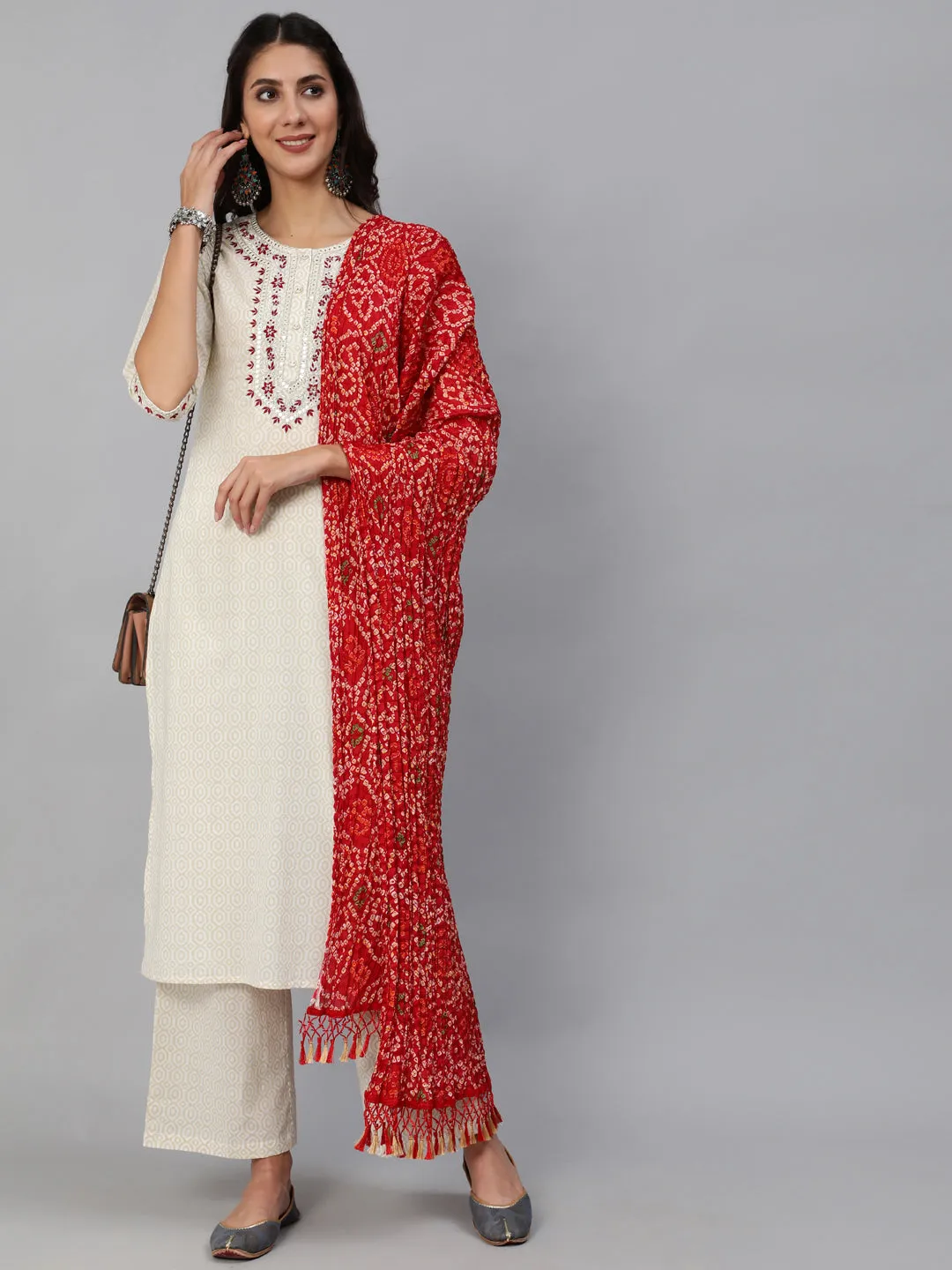 Women Cream & Red Embroidered Straight Kurta Set With Plazo & Wrinkled Dupatta