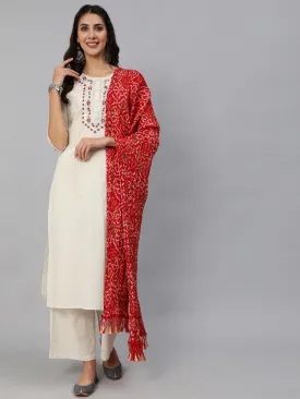 Women Cream & Red Embroidered Straight Kurta Set With Plazo & Wrinkled Dupatta