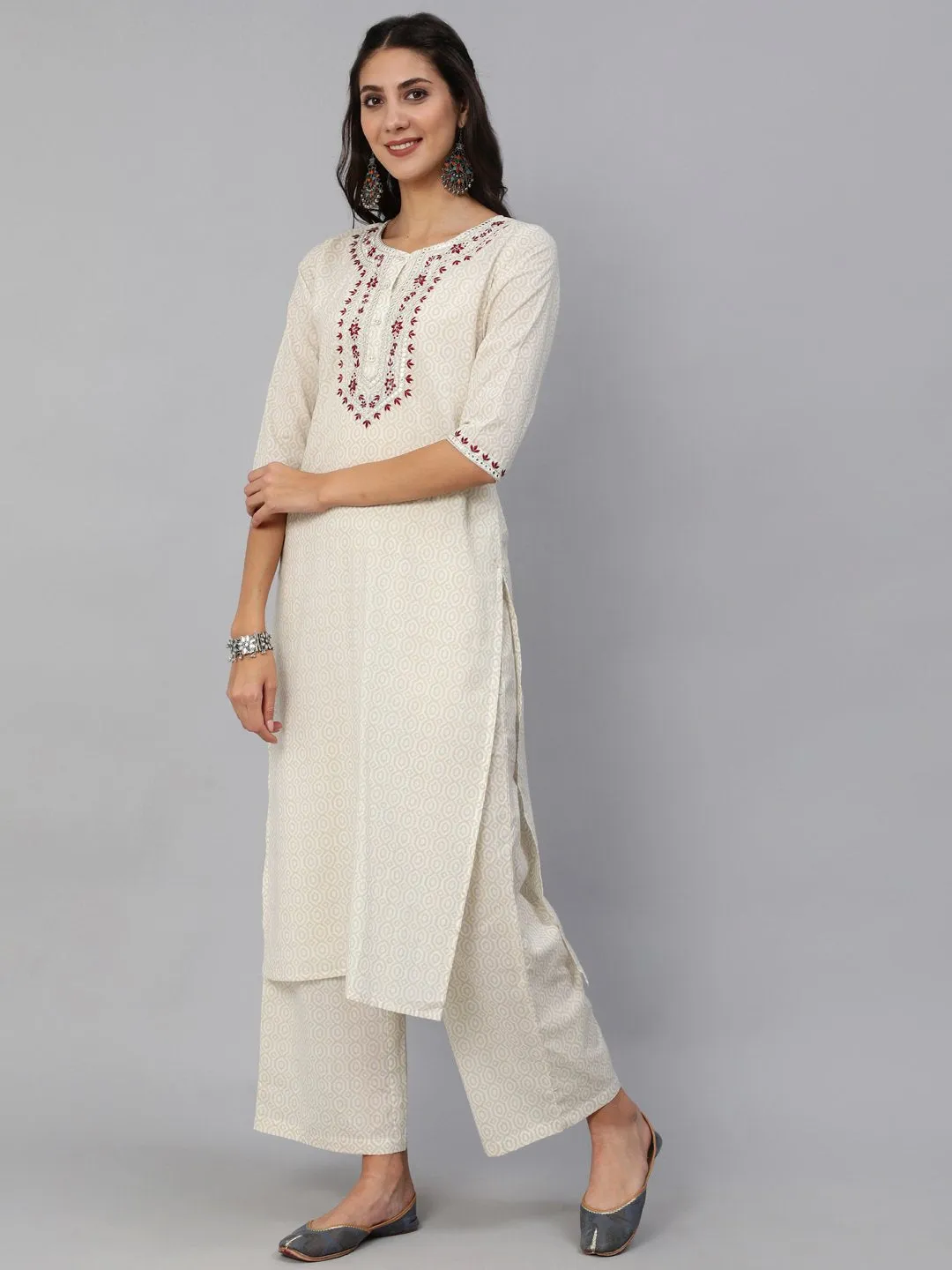 Women Cream & Red Embroidered Straight Kurta Set With Plazo & Wrinkled Dupatta