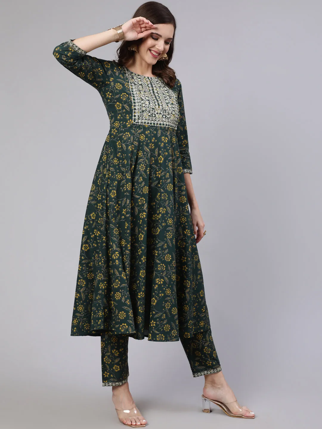 Women Green Embroidered Flared Kurta With Trouser And Dupatta