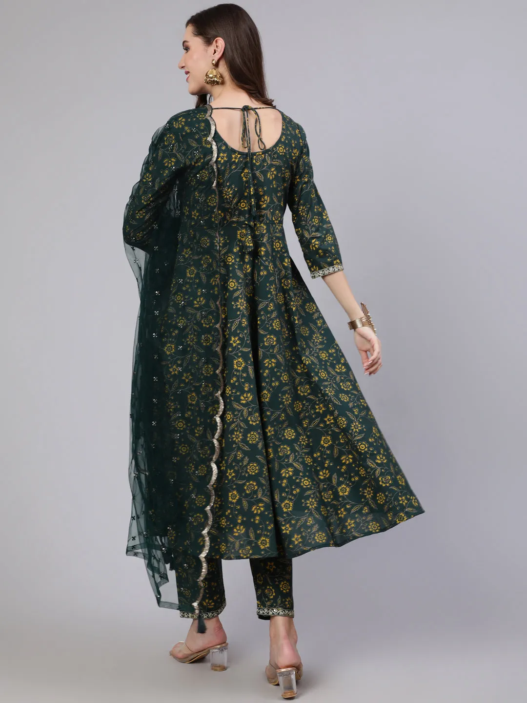 Women Green Embroidered Flared Kurta With Trouser And Dupatta