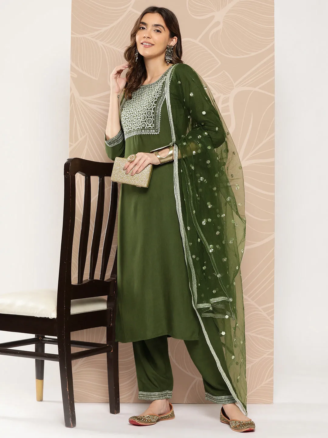 Women Green Embroidered Straight Kurta With Palazzo And Dupatta