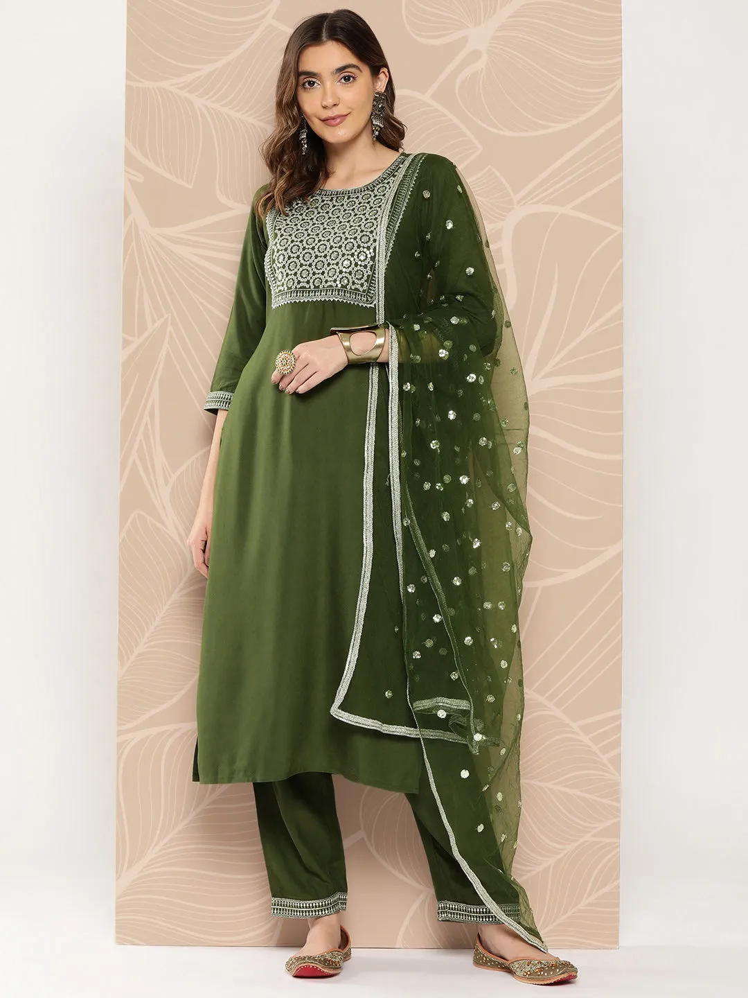 Women Green Embroidered Straight Kurta With Palazzo And Dupatta