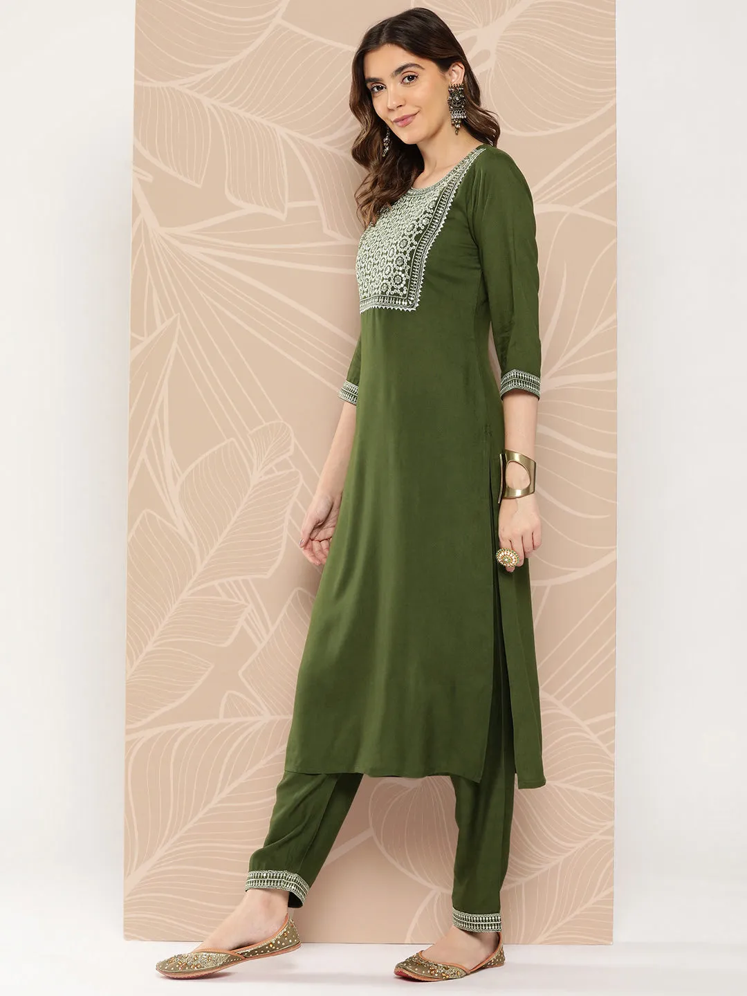 Women Green Embroidered Straight Kurta With Palazzo And Dupatta