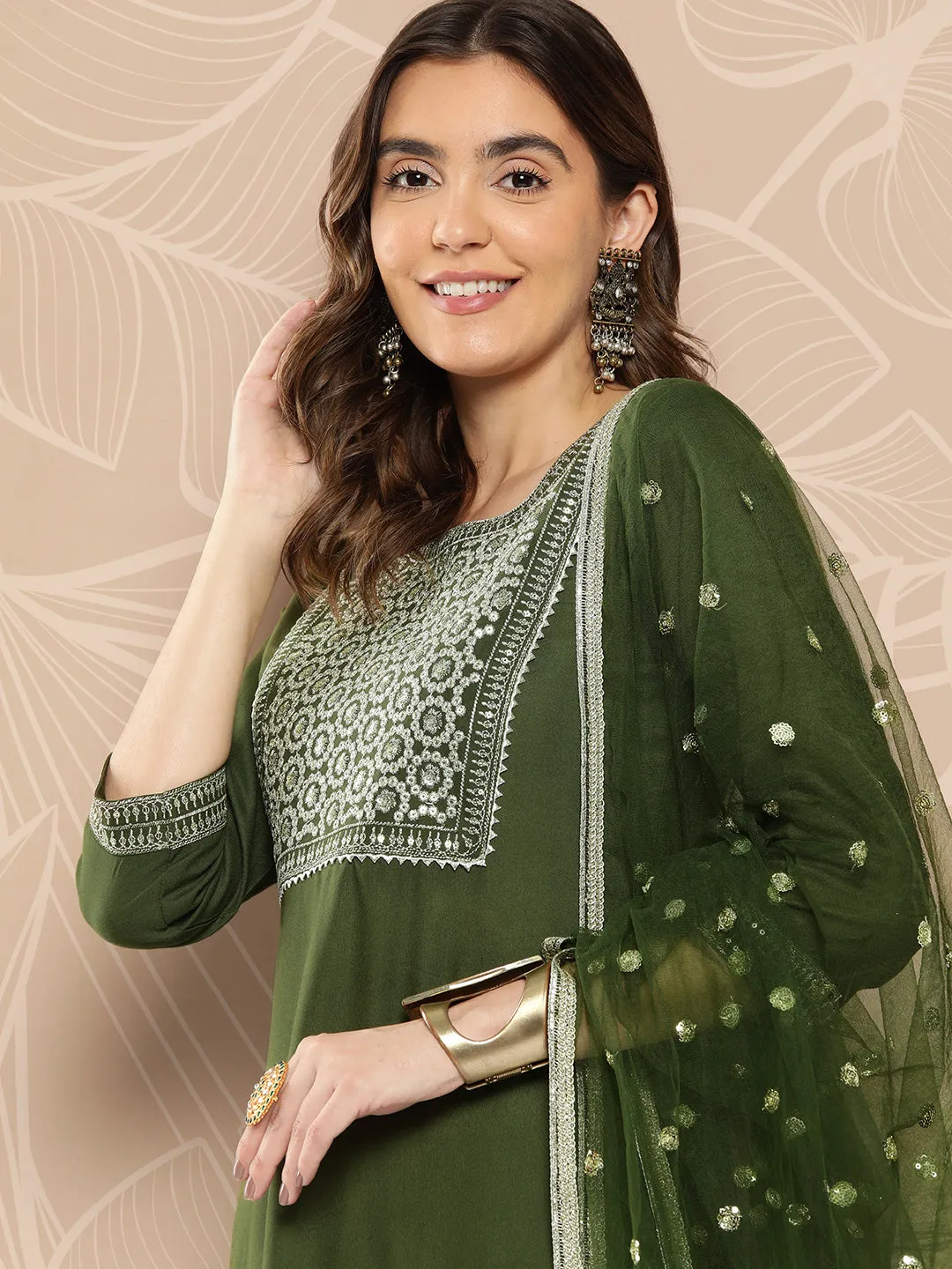 Women Green Embroidered Straight Kurta With Palazzo And Dupatta