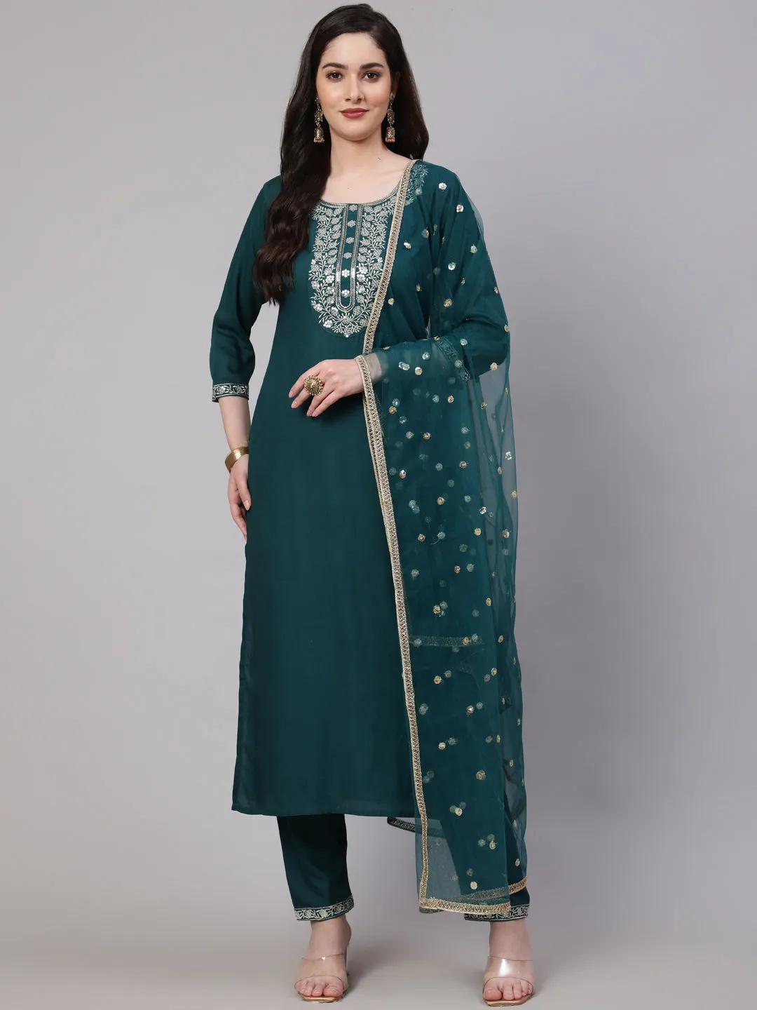 Women Green Embroidered Straight Kurta With Trouser And Net Dupatta