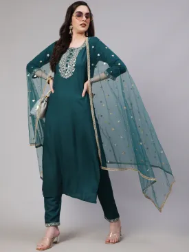 Women Green Embroidered Straight Kurta With Trouser And Net Dupatta