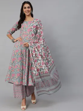 Women Grey Floral Printed Kurta Set With Palazo & Dupatta