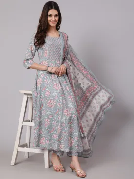 Women Grey Printed Flared Kurta With Trouser With Dupatta