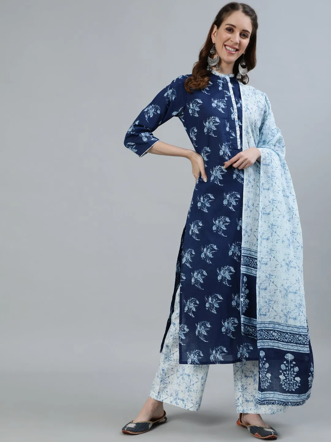 Women Indigo Blue Printed Straight Kurta With Plazo & Dupatta