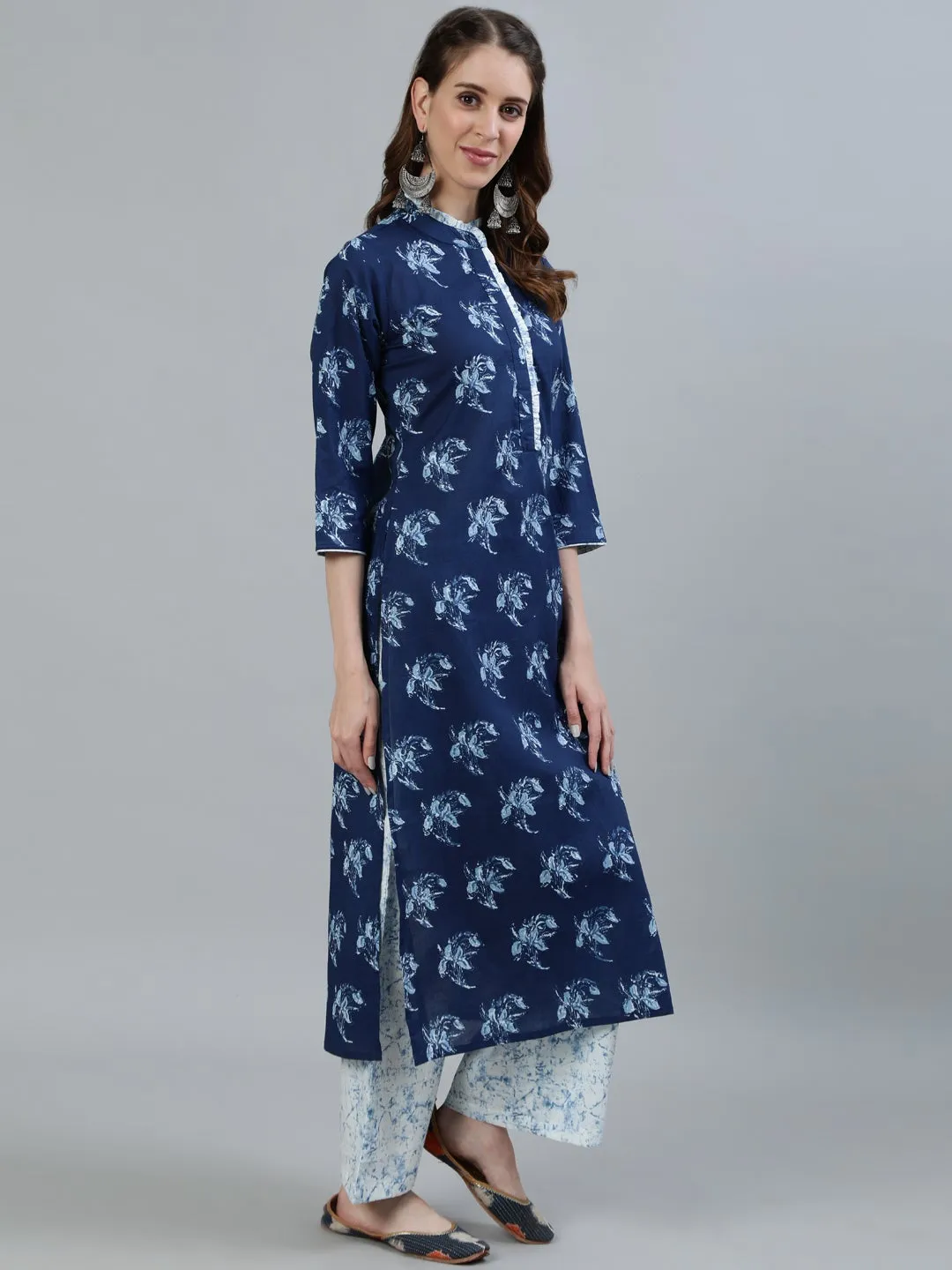 Women Indigo Blue Printed Straight Kurta With Plazo & Dupatta