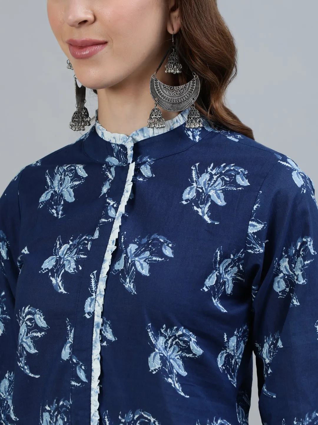 Women Indigo Blue Printed Straight Kurta With Plazo & Dupatta