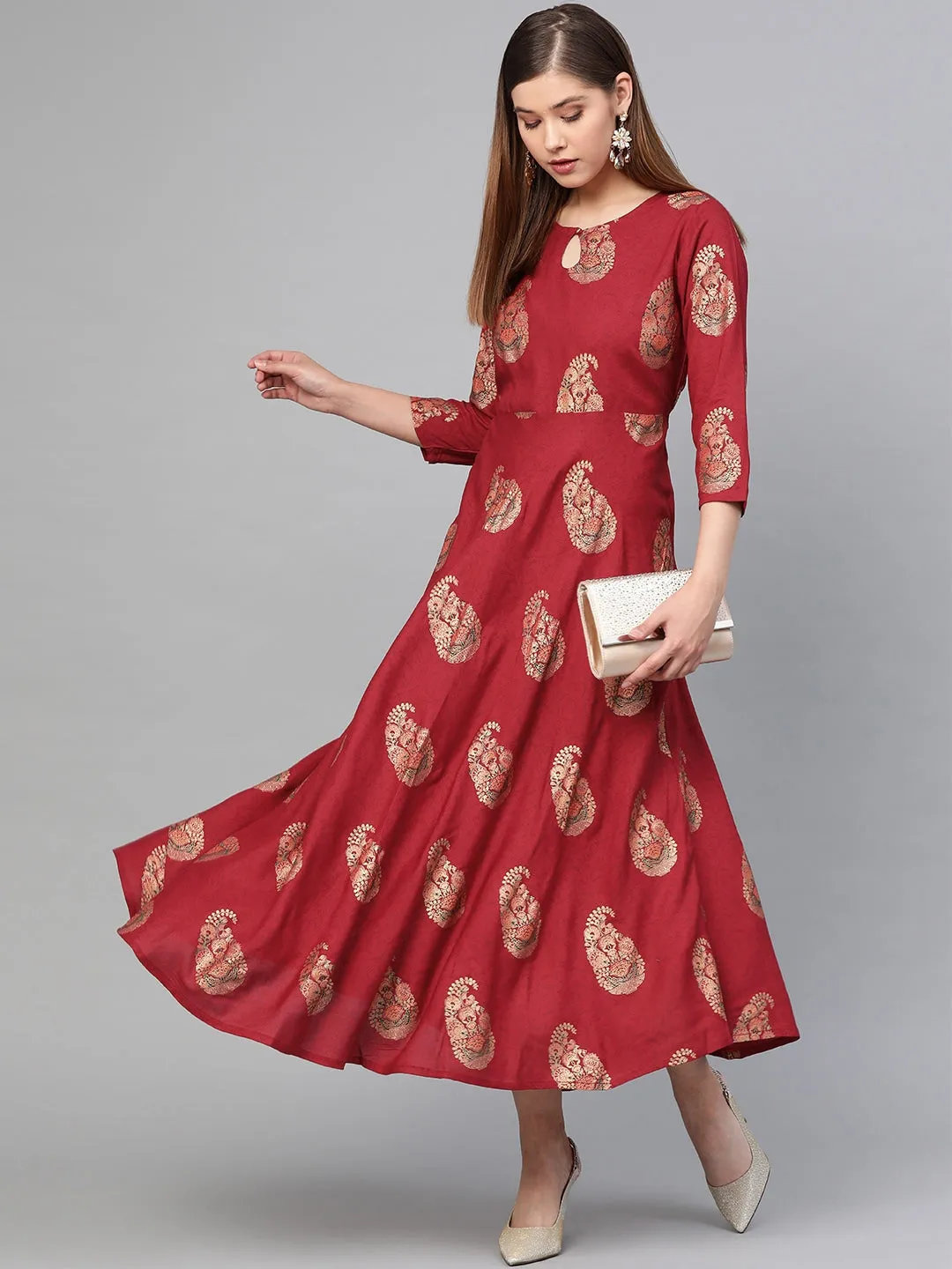 Women Maroon & Golden Printed Dress