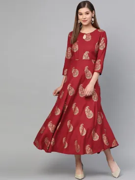 Women Maroon & Golden Printed Dress