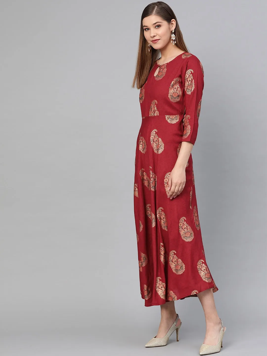 Women Maroon & Golden Printed Dress