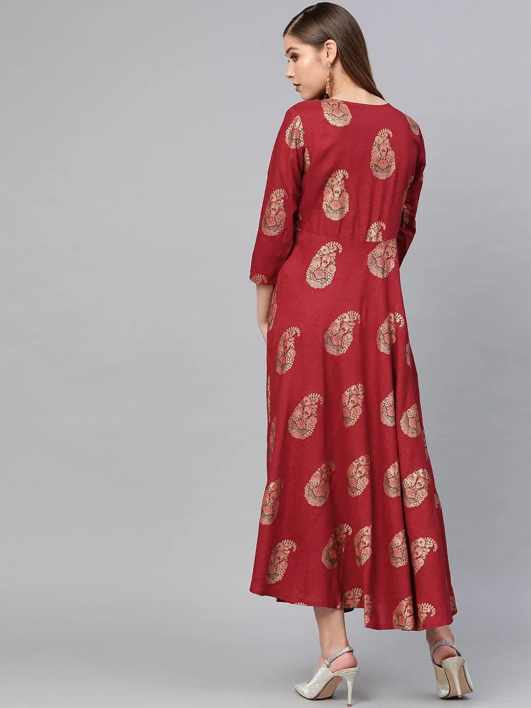 Women Maroon & Golden Printed Dress