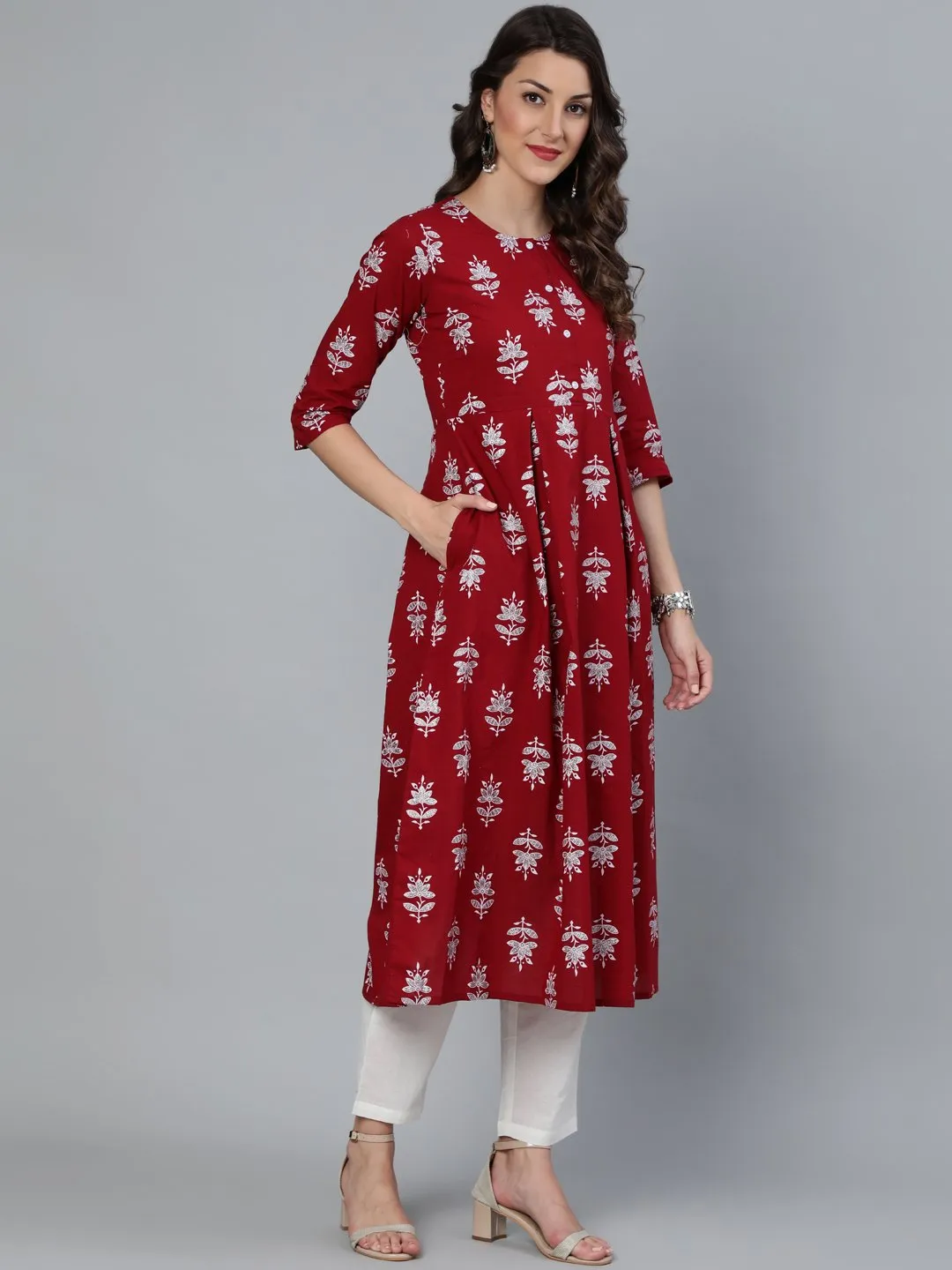 Women Maroon & Silver Printed Box Pleated Kurta With Trouser  & Dupatta