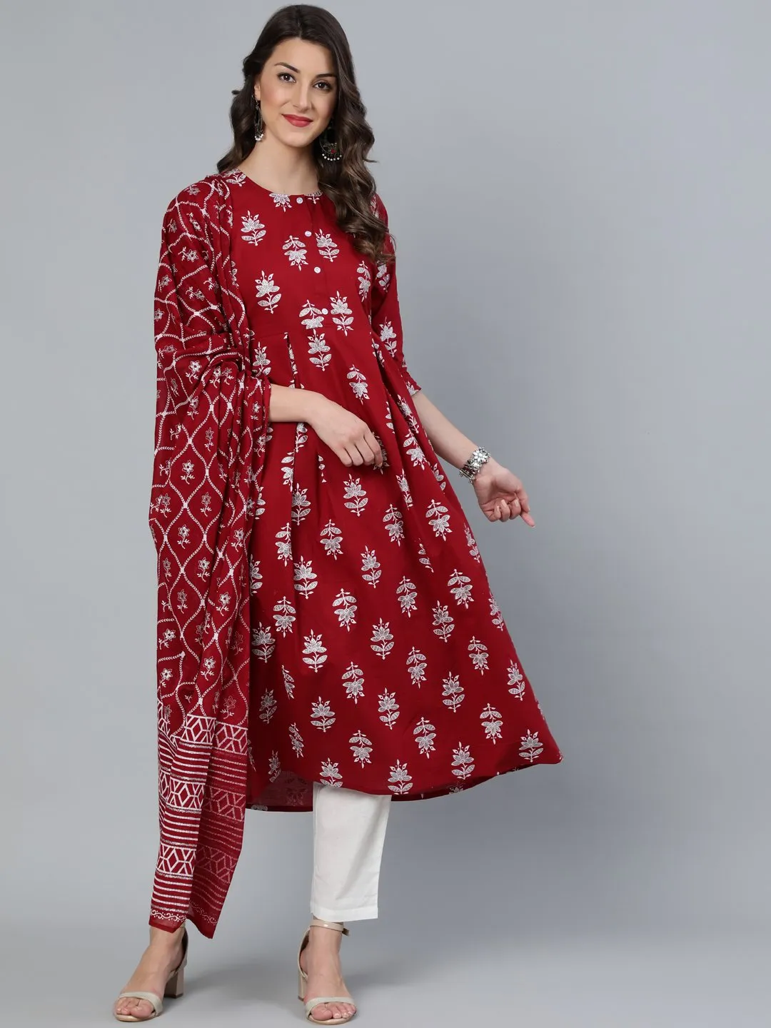 Women Maroon & Silver Printed Box Pleated Kurta With Trouser  & Dupatta