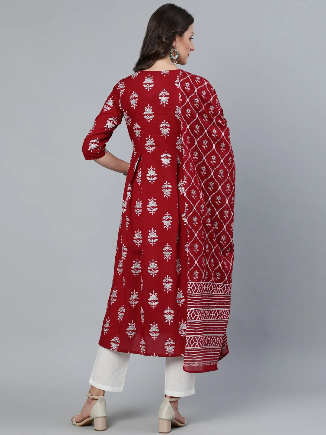 Women Maroon & Silver Printed Box Pleated Kurta With Trouser  & Dupatta