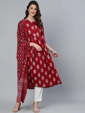 Women Maroon & Silver Printed Box Pleated Kurta With Trouser  & Dupatta