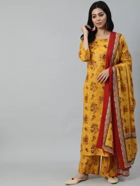 Women Mustard Yellow Ethnic Motifs Printed Layered Pure Cotton Kurta With Plazzos & Dupatta