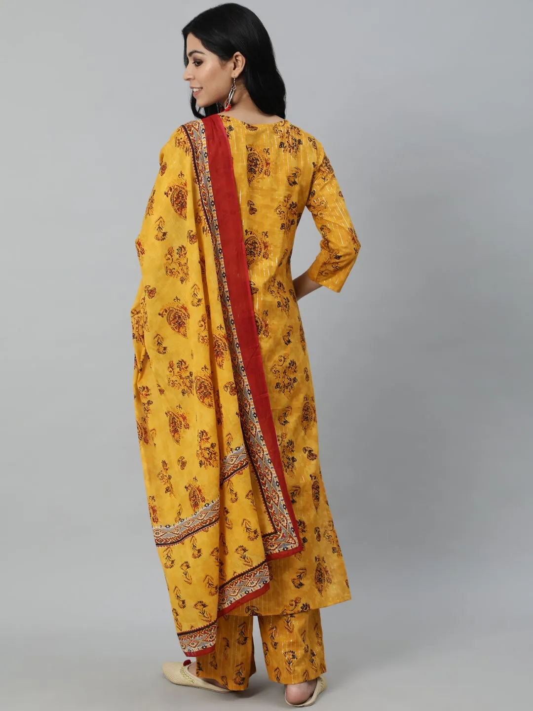 Women Mustard Yellow Ethnic Motifs Printed Layered Pure Cotton Kurta With Plazzos & Dupatta