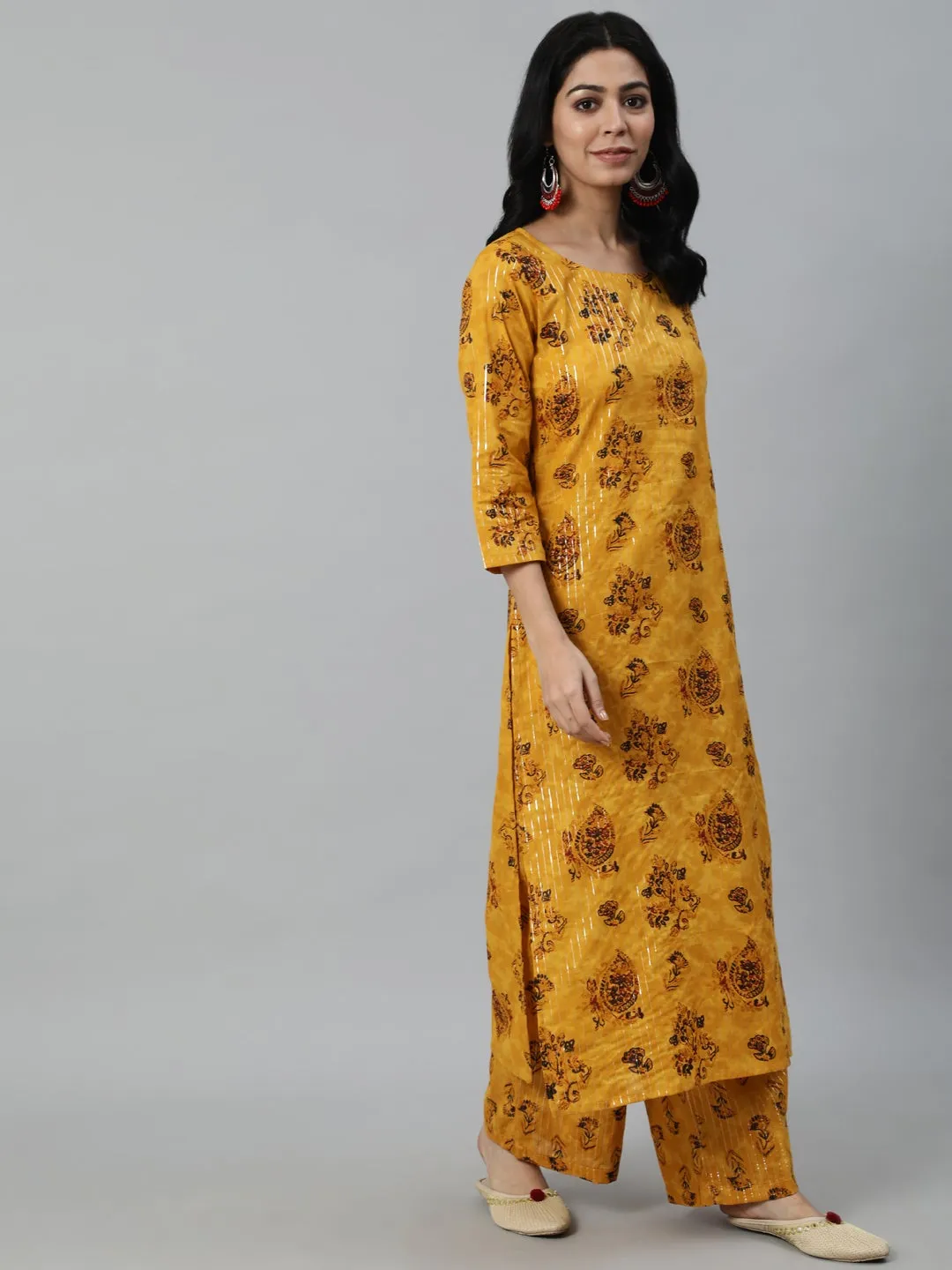 Women Mustard Yellow Ethnic Motifs Printed Layered Pure Cotton Kurta With Plazzos & Dupatta