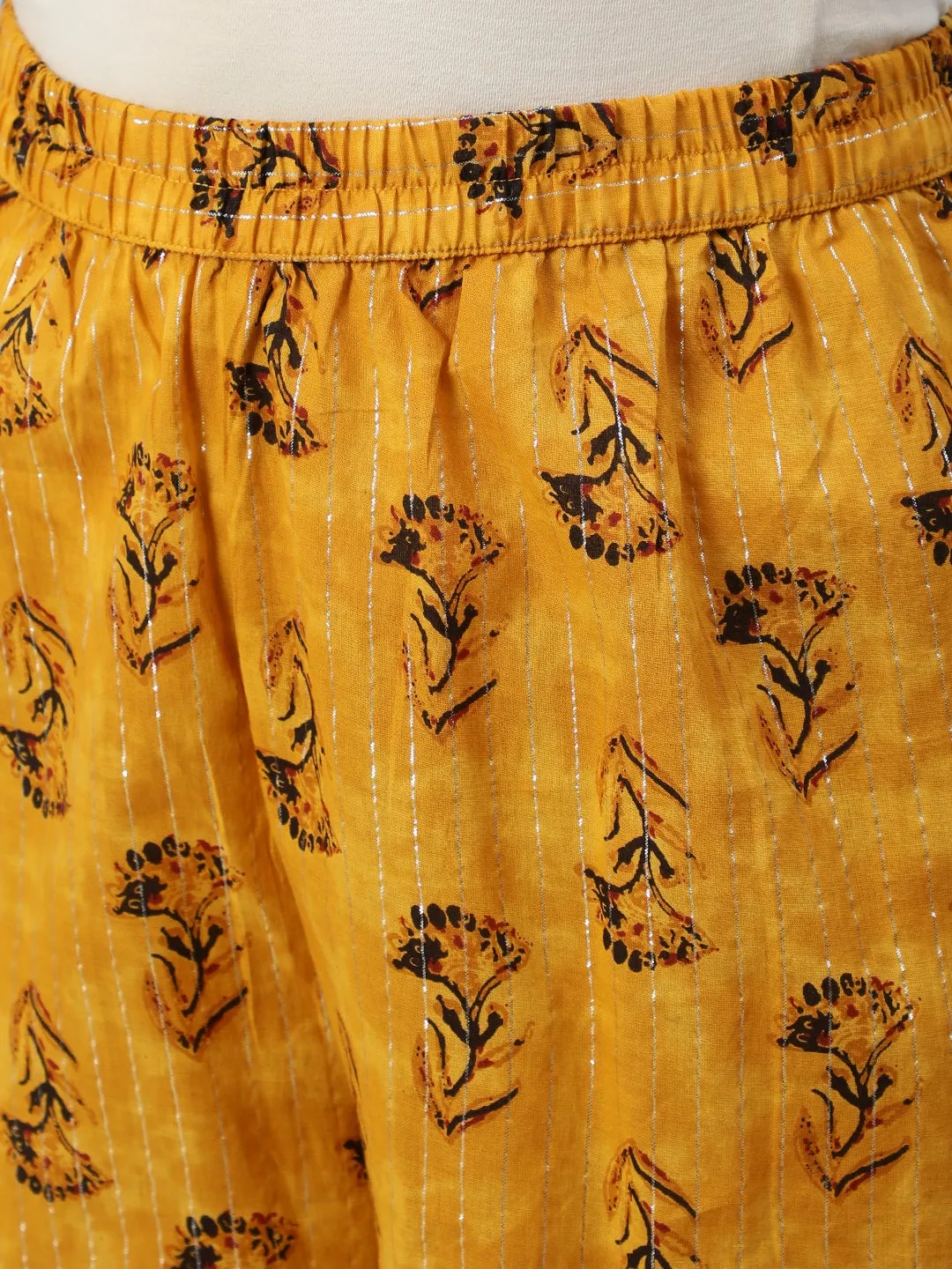 Women Mustard Yellow Ethnic Motifs Printed Layered Pure Cotton Kurta With Plazzos & Dupatta