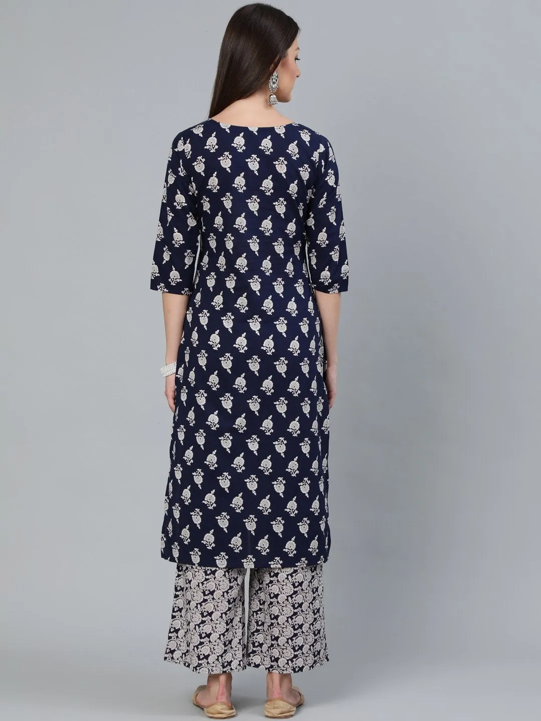 Women Navy Blue Floral Printed Straight Kurta With Plazo