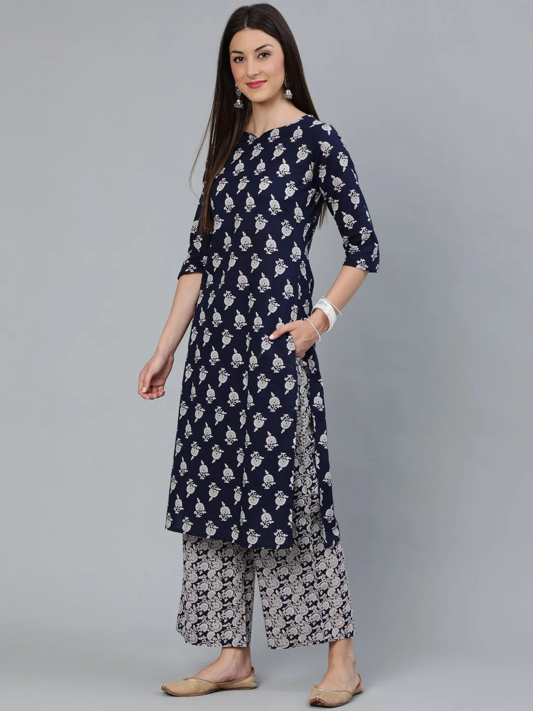 Women Navy Blue Floral Printed Straight Kurta With Plazo