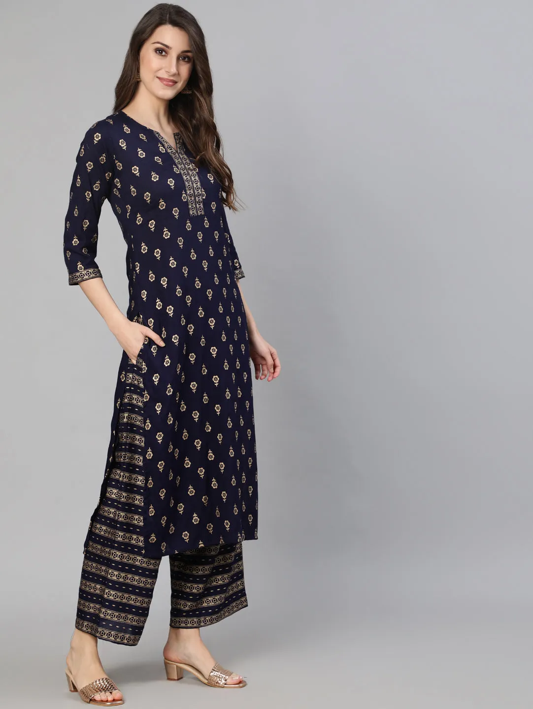 Women Navy Blue Printed Straight Kurta With Palazo And Net Dupatta