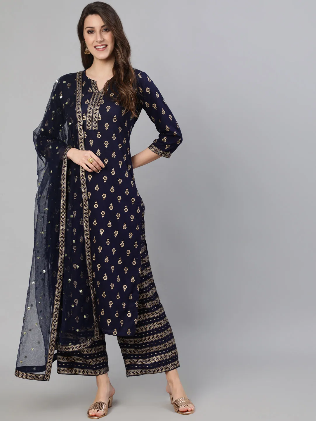 Women Navy Blue Printed Straight Kurta With Palazo And Net Dupatta