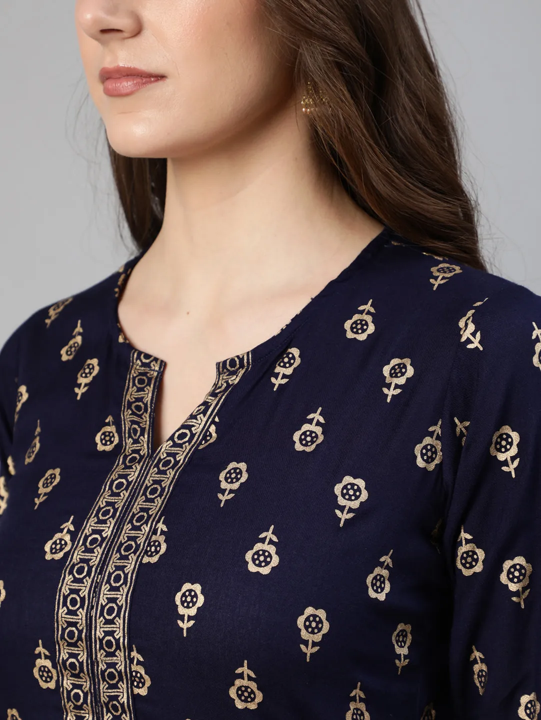 Women Navy Blue Printed Straight Kurta With Palazo And Net Dupatta