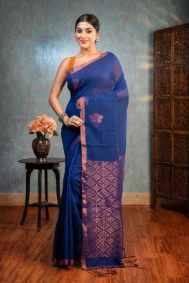 Women Navy Blue Pure Handloom Linen Saree With Floral Woven Motifs