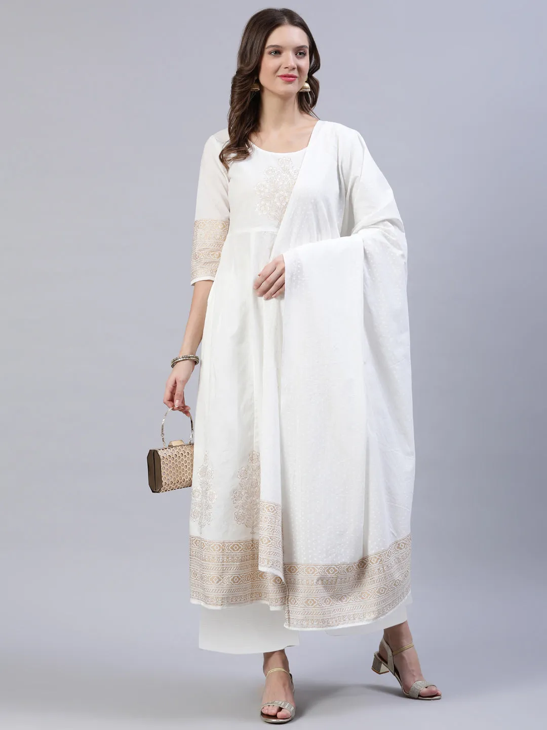 Women Off-White Block Printed Anarkali Kurta With Palazo & Dupatta