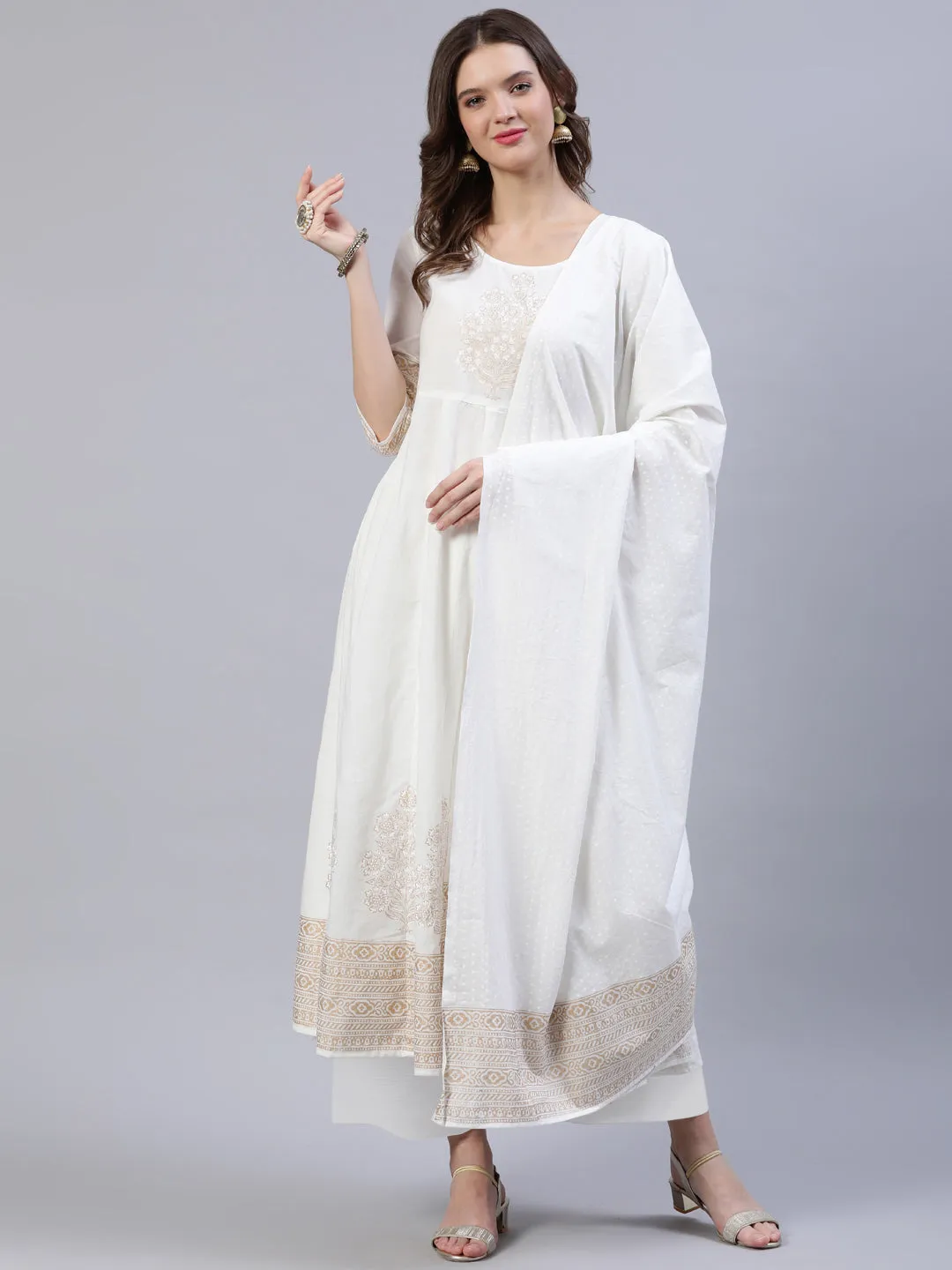 Women Off-White Block Printed Anarkali Kurta With Palazo & Dupatta