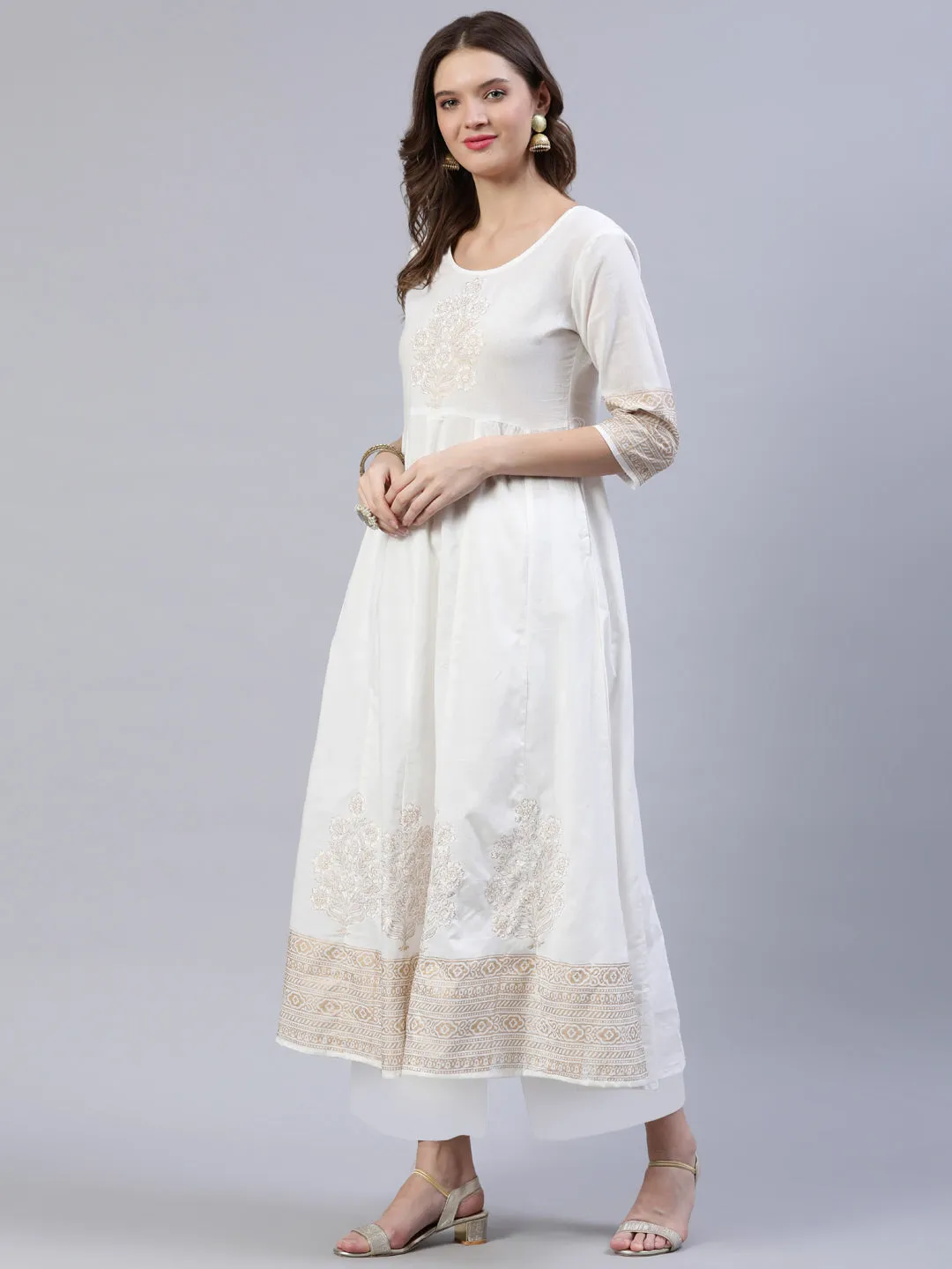 Women Off-White Block Printed Anarkali Kurta With Palazo & Dupatta