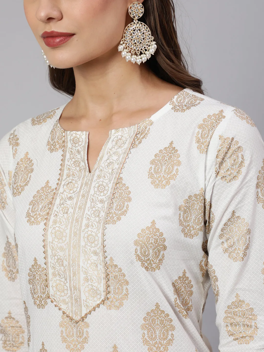 Women Off-White Ethnic Printed Kurta With Palazzo And Dupatta